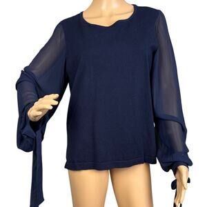CeCe Women's Crew Neck Sweater Sheer Tie Sleeves Boxy Fit SZ L NWT Sophisticated